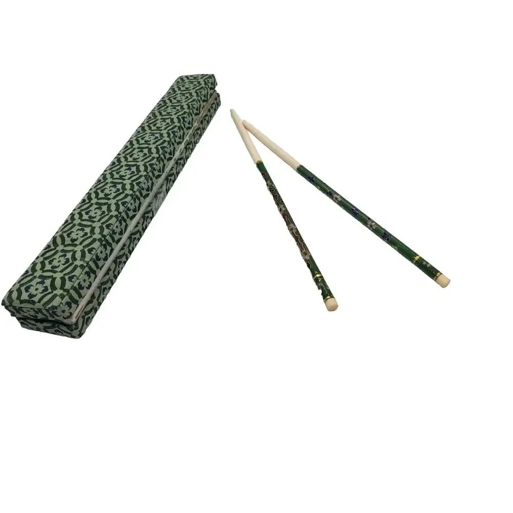 New Old Stock Vintage Cloisonne Chopsticks GREEN floral enamel with box